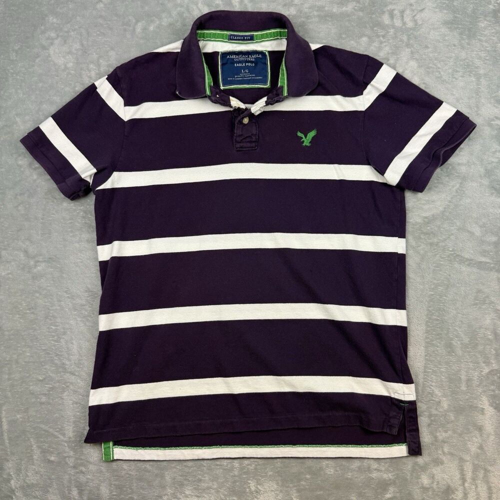 American Eagle Outfitters Mens Polo Purple White Stripe Classic Fit Size Large